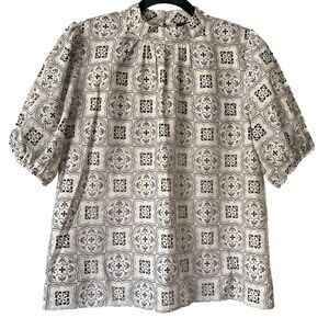 Ann Taylor Women's Blouse Short Puff Sleeve High Neck Lined Linen Look Ivory XS